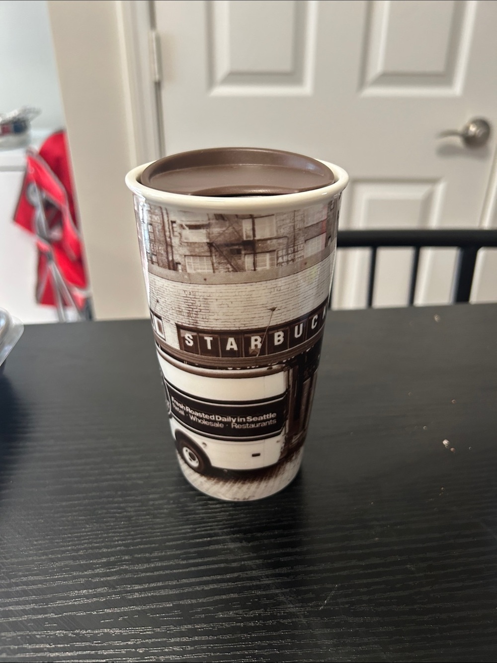 Starbucks Brown and Cream Ceramic Travel Mug with Vintage Storefront Graphic